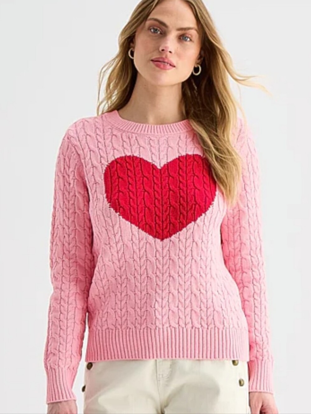 St. John's Bay Pink Cable-Knit Crew Sweater with Red Heart